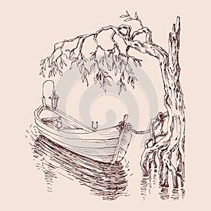 Empty boat on a lake hand drawing