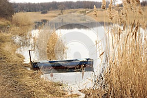 Empty boat at rushy shore