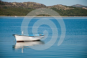 Empty boat with seagull with shore and hills in the background