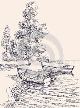 Empty boats on lake shore