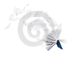 Empty book with flying pages isolated on white