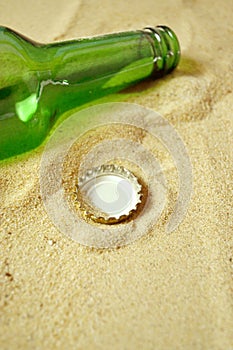 Empty bottle with cap left on the beach