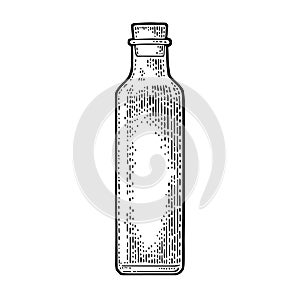 Empty bottle glass for oil with cork stopper. Vector engraving