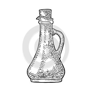 Empty bottle glass for oil with cork stopper. Vector engraving