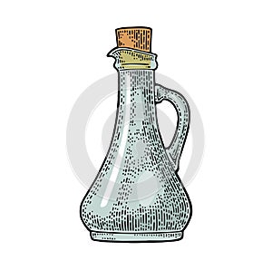 Empty bottle glass for oil with cork stopper. Vector engraving