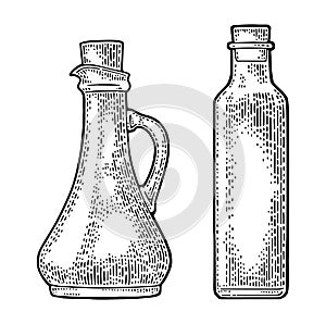 Empty bottle glass for oil with cork stopper. Vector engraving