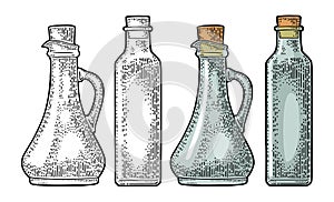 Empty bottle glass for oil with cork stopper. Vector engraving