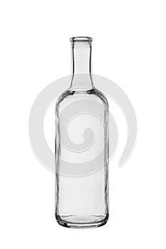 Empty bottle with a narrow neck from transparent, colourless glass on a white background photo