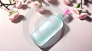 empty bottle perfume mockup with pink flower ai generated
