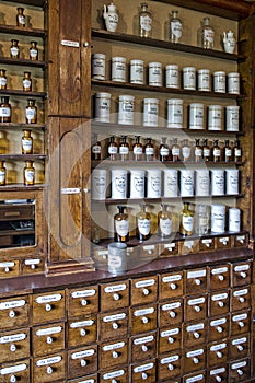 Empty bottles in old pharmacy