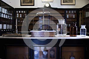 Empty bottles in old vintage pharmacy