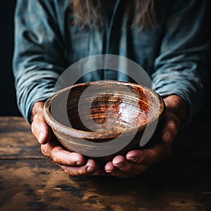 Empty bowl held by aged hands on wood, signifying the struggles of poverty