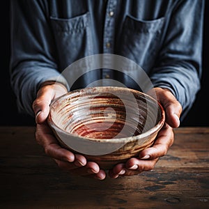Empty bowl held by aged hands on wood, signifying the struggles of poverty