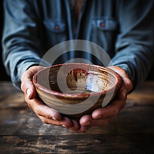 Empty bowl held by aged hands on wood, signifying the struggles of poverty