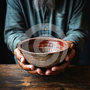 Empty bowl held by aged hands on wood, signifying the struggles of poverty