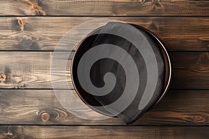 Empty Bowl Mockup, Black Plate on Wooden Table Top View with Copy Space for Text