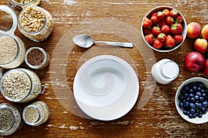 Empty bowl on muesli bar organic cereal and fresh healthy fruit