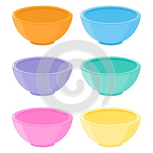 Empty bowls for food. Plastic or ceramic bowl on white background. Vector illustration collection