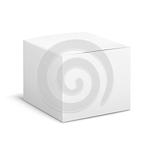 Empty box white. Cubic cosmetic cardboard box angle view, blank package with shadows, medicine product packaging