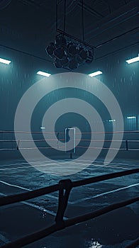 Empty Boxing Ring Amidst the Nights Darkness. Generative AI.