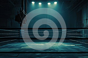 Empty Boxing Ring With Background Lights. Generative AI.