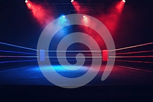 Empty boxing ring with spotlights shining down.