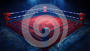 Empty boxing ring from top view. Red canvas mat, blue and white ropes, corner posts with red gloves. Dark blue