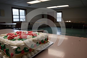empty break room, decorated cake untouched