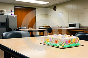 empty break room, decorated cake untouched