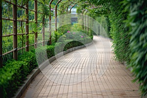 empty brick pathway curving, with defocused background trellises