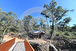 Empty bridge and an old wooden shack building Perth Western Australia