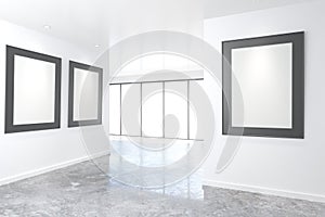 Empty bright art gallery with blank pictures on the walls, mock