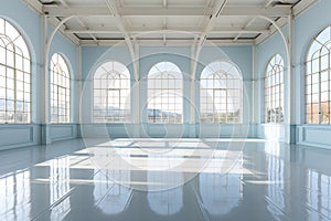 An empty bright large blue room with big windows. Clean interior background