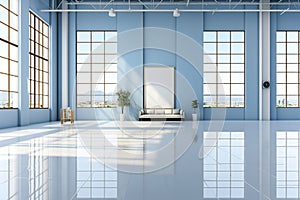 An empty bright large blue room with big windows. Clean interior background