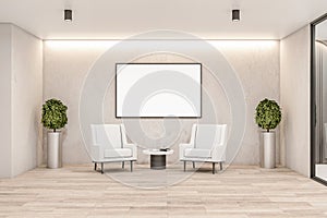Empty bright waiting room in a hotel with a blank white poster, white chairs, wooden floor and marble walls, flowers in flowerpots