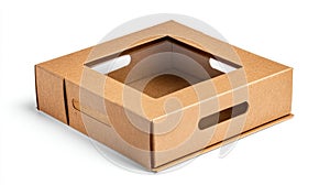 Empty brown cardboard box with clear window on white background