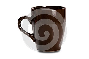Empty brown ceramic coffee mug or coffe cup isolated on white background