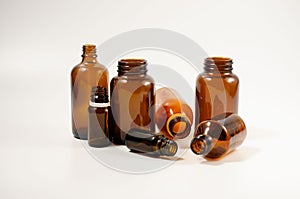 Empty brown glass medicine bottles