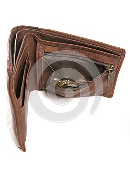 Empty brown leather wallet with coins
