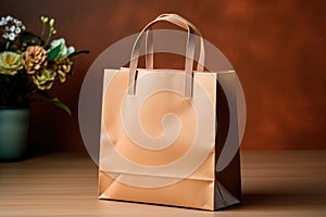 Empty brown paper carrier bag with shopping handles on the table. Mockup for logo application