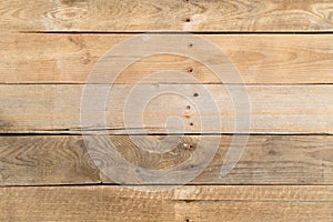 Empty brown rustic wooden plank table flat lay top view from above