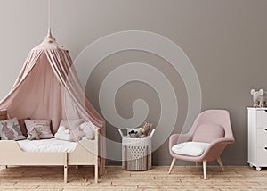 Empty brown wall in modern child room. Mock up interior in scandinavian style. Free, copy space for your picture, poster