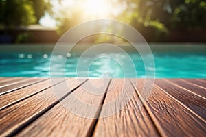 empty brown wooden board with swimming pool