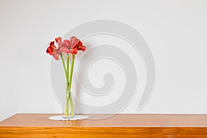 Empty brown wooden commode with three flowers on tablecloth. Red car carped, white wall