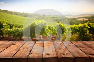 empty brown wooden table with blurred vineyard
