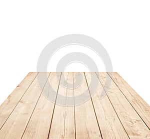 Empty brown wooden tabletop, vertical planks on white background