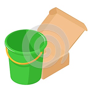Empty bucket icon isometric vector. Plastic green bucket and postal package icon