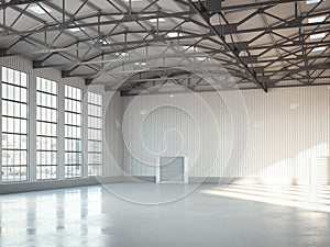 Empty building bright hangar interior. 3d rendering