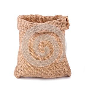 Empty burlap sack bag isolated on white background