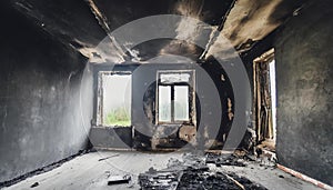 Empty burned room with window. Damaged apartment after house fire, charred walls and ceiling